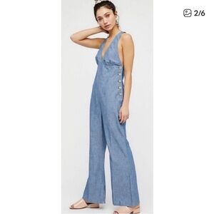 Free People Retro Dance All Night Chambray Flare Open Back Jumpsuit Sz 6 EUC